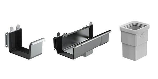 Слева направо: соединитель желоба с прокладкой, воронка с прокладкой, муфта с уплотнителем